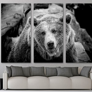 Grizzly Bear in Black and White Canvas Print Wall Art. Wildlife photography animal print- Giclee home art decor, wall decor, interior design