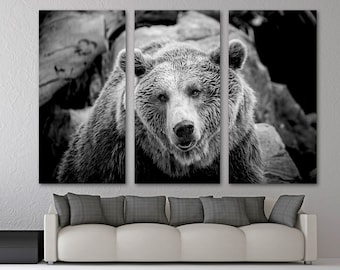 Grizzly Bear in Black and White Canvas Print Wall Art. Wildlife photography animal print- Giclee home art decor, wall decor, interior design
