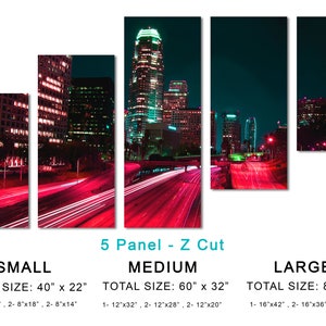 Downtown LA, Los Angeles City skyline Canvas Print. 3 Panel Split, Triptych. Pink-red freeway for home or office wall decor, interior design 5 Panel Z Cut