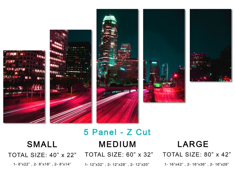 Downtown LA, Los Angeles City skyline Canvas Print. 3 Panel Split, Triptych. Pink-red freeway for home or office wall decor, interior design 5 Panel Z Cut