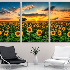 Sunflower Field Canvas Print Wall Art at Sunset. Large Landscape Floral and Botanical Prints - Giclee print for Office Decor and Home Decor