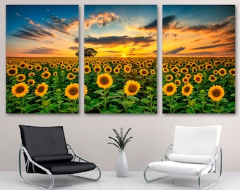Sunflower Field Canvas Print Wall Art at Sunset. Large Landscape Floral and Botanical Prints - Giclee print for Office Decor and Home Decor