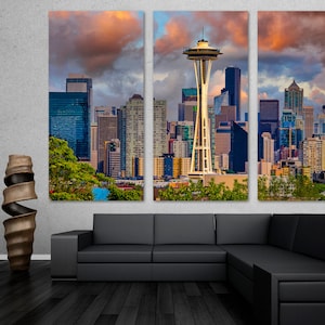 Seattle Skyline Wall Art Canvas Print orange clouds. Seattle, Washington. Seattle city print art set - GIclee wall decor, home office decor