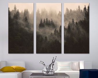 Foggy Forest Wall Art Canvas Print. Beige Mountain Forest, Fir Forest, Misty Forest Landscape nature print set-Giclee home office wall decor