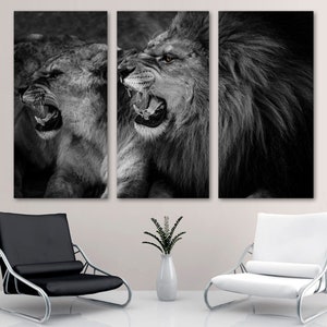 Roaring lion and lioness Wall Art Canvas Print Black & white orange eye Animal Art Print -Giclee home art decor, wall decor, interior design