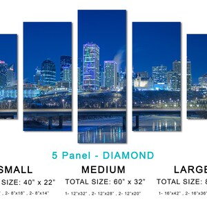 May include: A five-panel canvas print of a city skyline at night, with illuminated skyscrapers and a bridge in the foreground. The image is dominated by cool blue tones, with the text "5 Panel - DIAMOND" and size details at the bottom.