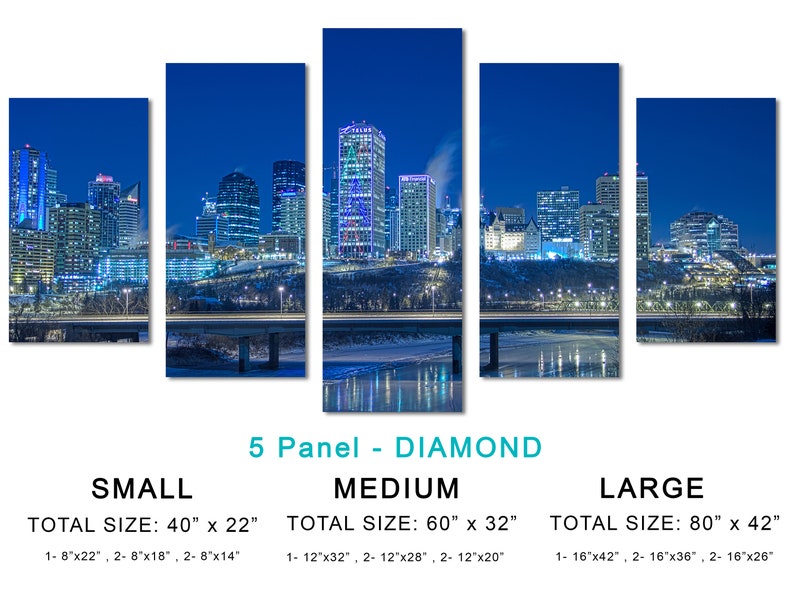 May include: A five-panel canvas print of a city skyline at night, with illuminated skyscrapers and a bridge in the foreground. The image is dominated by cool blue tones, with the text "5 Panel - DIAMOND" and size details at the bottom.