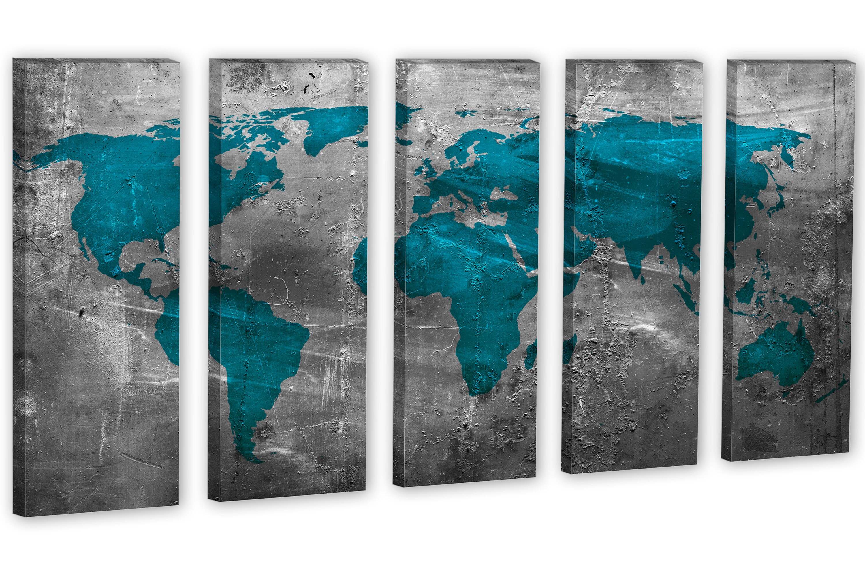 Teal World Map Canvas Wall Art on Gray Abstract Industrial Print for ...