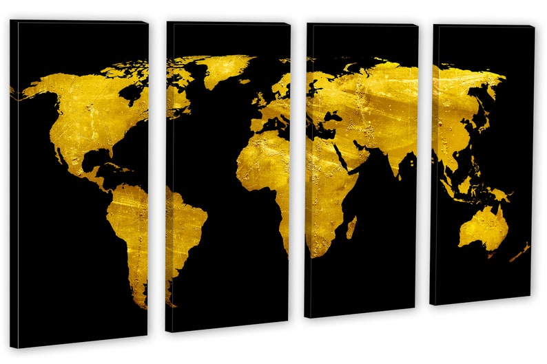Black Gold World Map Canvas Print Wall Art Triptych 3 Etsy