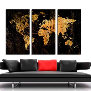Abstract Black World Map Canvas Print. World map wall art black background art for home, office wall decor & interior design.