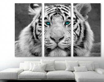 White Tiger Wall Art Closeup blue eyes  Canvas Print. Animal Art, tiger print - Giclee home art decor, wall decor, interior design