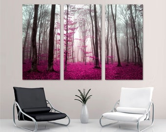 Pink Forest Wall Art Large Trees Canvas Print Misty Nature Forest, Scenic Landscape Art - Giclee Print Home, Office Wall Decor