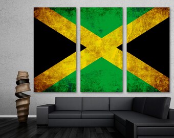 Jamaica Country Flag Rustic Grunge Canvas Print Wall Art - 3 Panel Split, Triptych. Flag home decor, room decor, wall decor, interior design