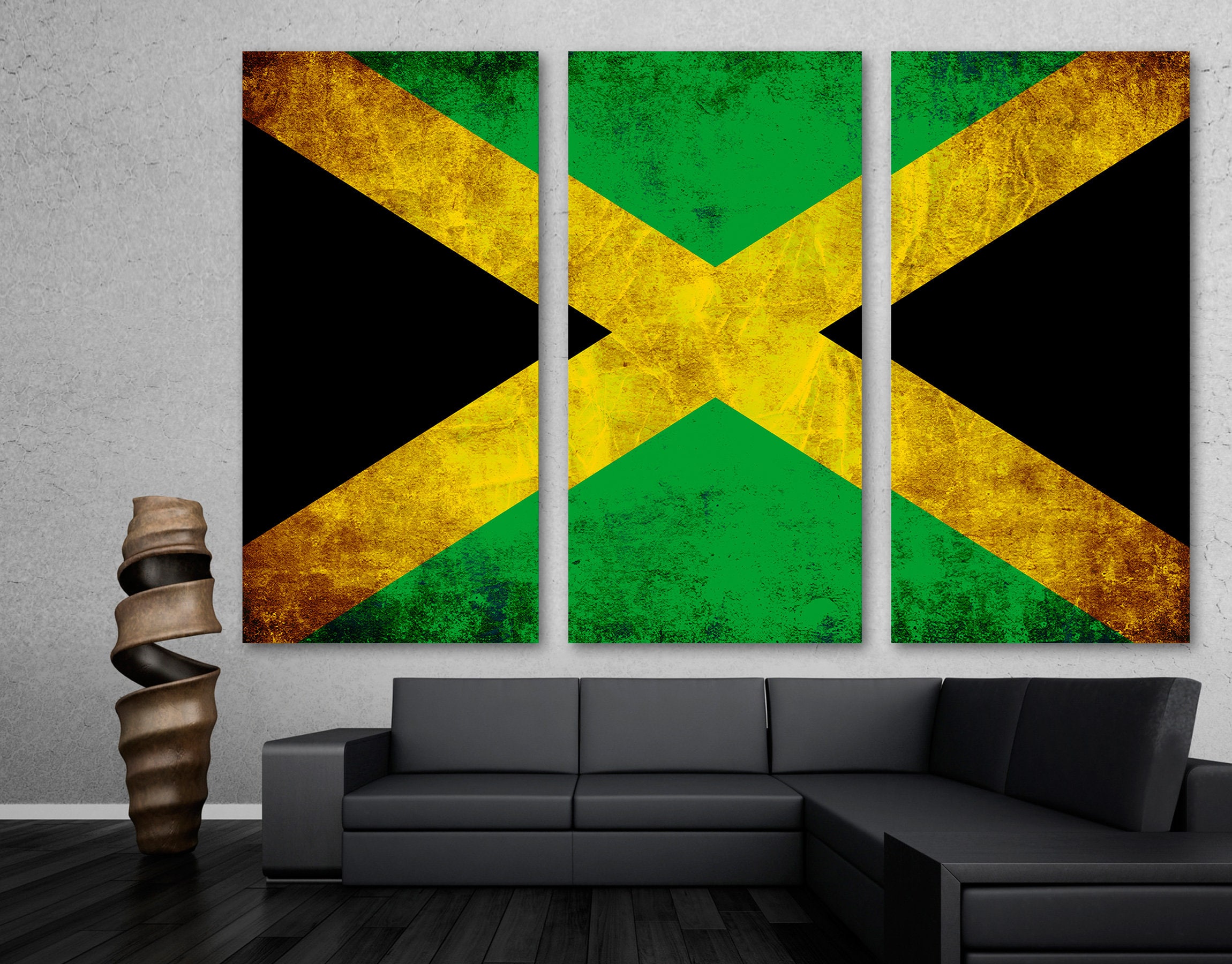 Jamaica Country Flag Rustic Grunge Canvas Print Wall Art 3 Panel Split,  Triptych. Flag Home Decor, Room Decor, Wall Decor, Interior Design 