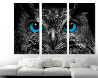 Blue Eyes Owl Canvas Print wall art Portrait -  Animal Art, Bird Art, eagle owl art - Giclee home art decor, wall decor, interior design