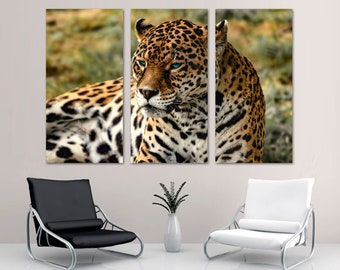 Jaguar Portrait Wall Art Canvas Print turquoiose eyes. Jaguar big cat wall art, animal prints - Giclee wall decor, home decor, office decor