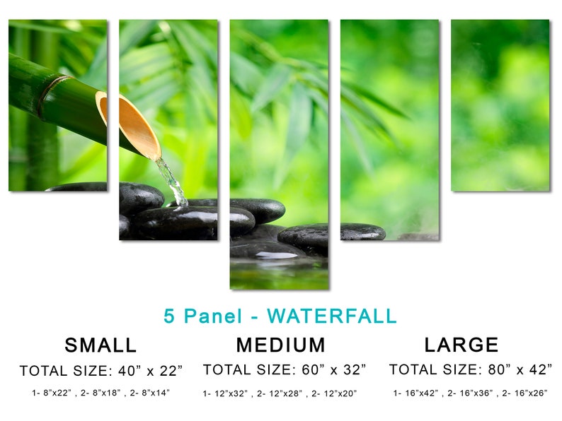 May include: A five-panel canvas print depicting a bamboo shoot pouring water onto smooth black stones in a pool of water. The background is a blurred image of green bamboo leaves. The text "5 Panel - WATERFALL" is displayed above the image. The text "SMALL, MEDIUM, LARGE" is displayed below the image, along with the total size and individual panel sizes for each option.