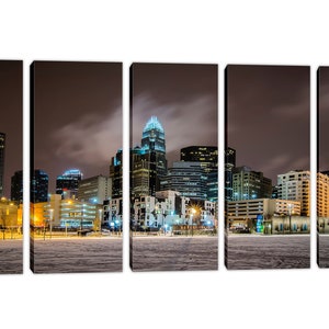 Charlotte NC Skyline Canvas Print Wall Decor City Art Print. Panoramic view during a winter night Giclee Home Office Decor, wall decor 5 Panel