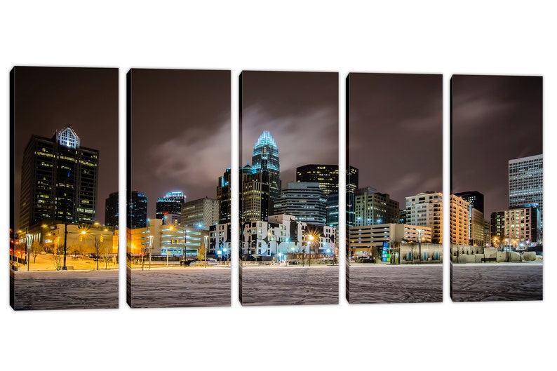 Charlotte NC Skyline Canvas Print Wall Decor City Art Print. Panoramic view during a winter night Giclee Home Office Decor, wall decor 5 Panel