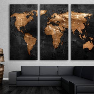 Bronze Black World Map Wall Art Canvas Print 3 panel Decor. Bronze anniversary gift, Housewarming gift - Giclee Home decor office wall decor