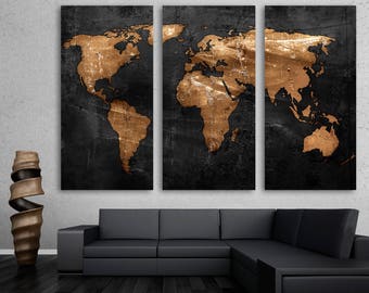 Bronze Black World Map Wall Art Canvas Print Wall Decor. Bronze anniversary gift, Housewarming gift - Giclee Home decor office wall decor