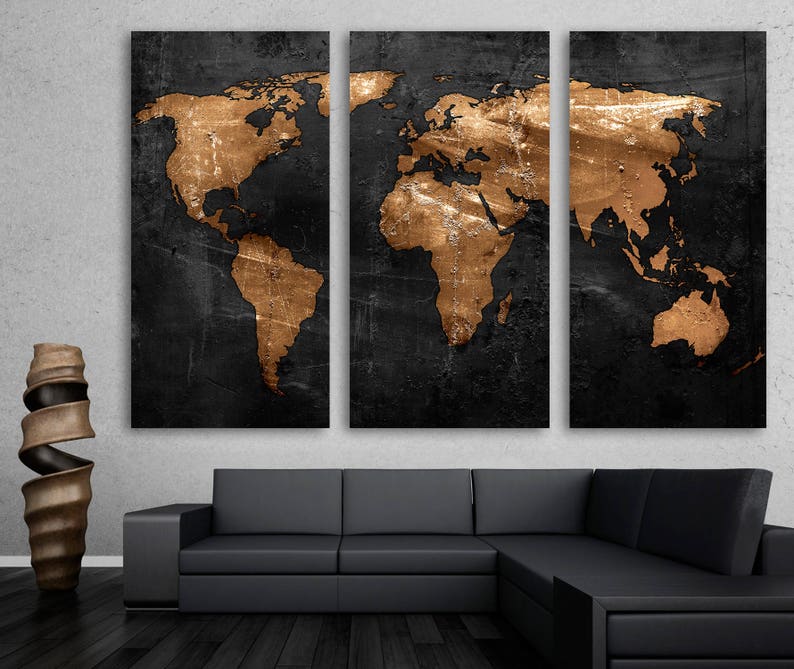 Bronze Black World Map Wall Art Canvas Print With Distressed Industrial ...