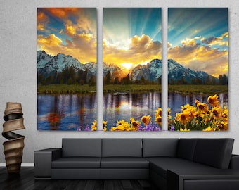 Grand Teton Mountains Canvas Print Large Wall Art Landscape. Sunset at National Park with Sunflowers - Giclee home office decor, wall decor.