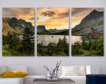 Montana Print Glacier National Park Canvas Art for Wall Decor. Beige Mountain Landscape, orange skies. Giclee artwork for home living room