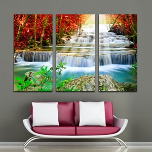 Forest Waterfall Cascade Canvas Print. Nature photography wall art Giclee print for living room  wall decor. Red, green autumn