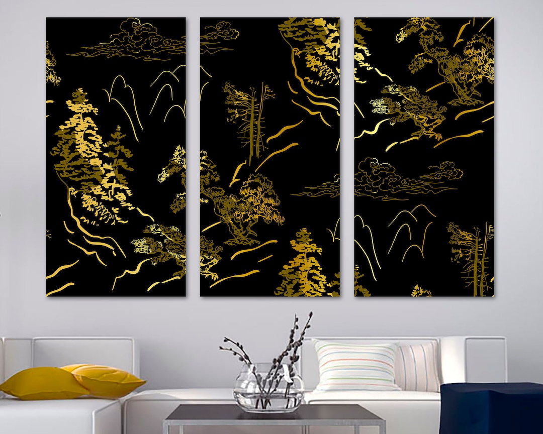 Japanese Botanical Canvas Print Wall Art Gold, Brown on