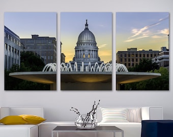 Madison, Wisconsin Capitol at dusk wall art canvas print. USA city architecture art - Giclee art for home decor, wall decor, interior design