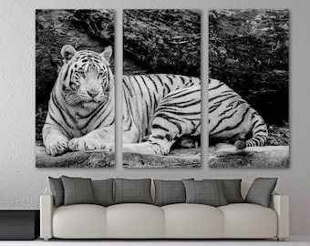Black and White Tiger Resting Canvas Print Wall Art. Tiger Art Canvas, Wildlife photo - Giclee home art decor, wall decor, interior design