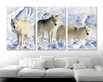 Three White Wolves Canvas Print wall art - Canis lupus, animal art, wolves in snow - Giclee art for home decor, wall decor, interior design