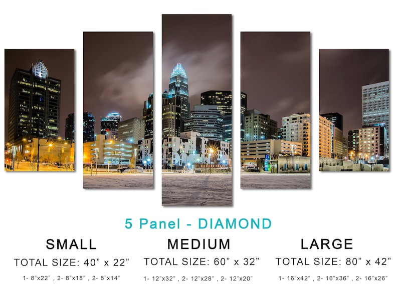 Charlotte NC Skyline Canvas Print Wall Decor City Art Print. Panoramic view during a winter night Giclee Home Office Decor, wall decor 5 Panel Diamond