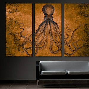 Lord Bodner's Octopus Canvas Print Wall Art Copper-Brown background. Giant Kraken Print - Giclee bedroom decor, wall decor, room decor