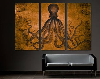 Lord Bodner Copper-Brown Octopus Canvas Wall Art Print, Giant Kraken with Grunge Effect