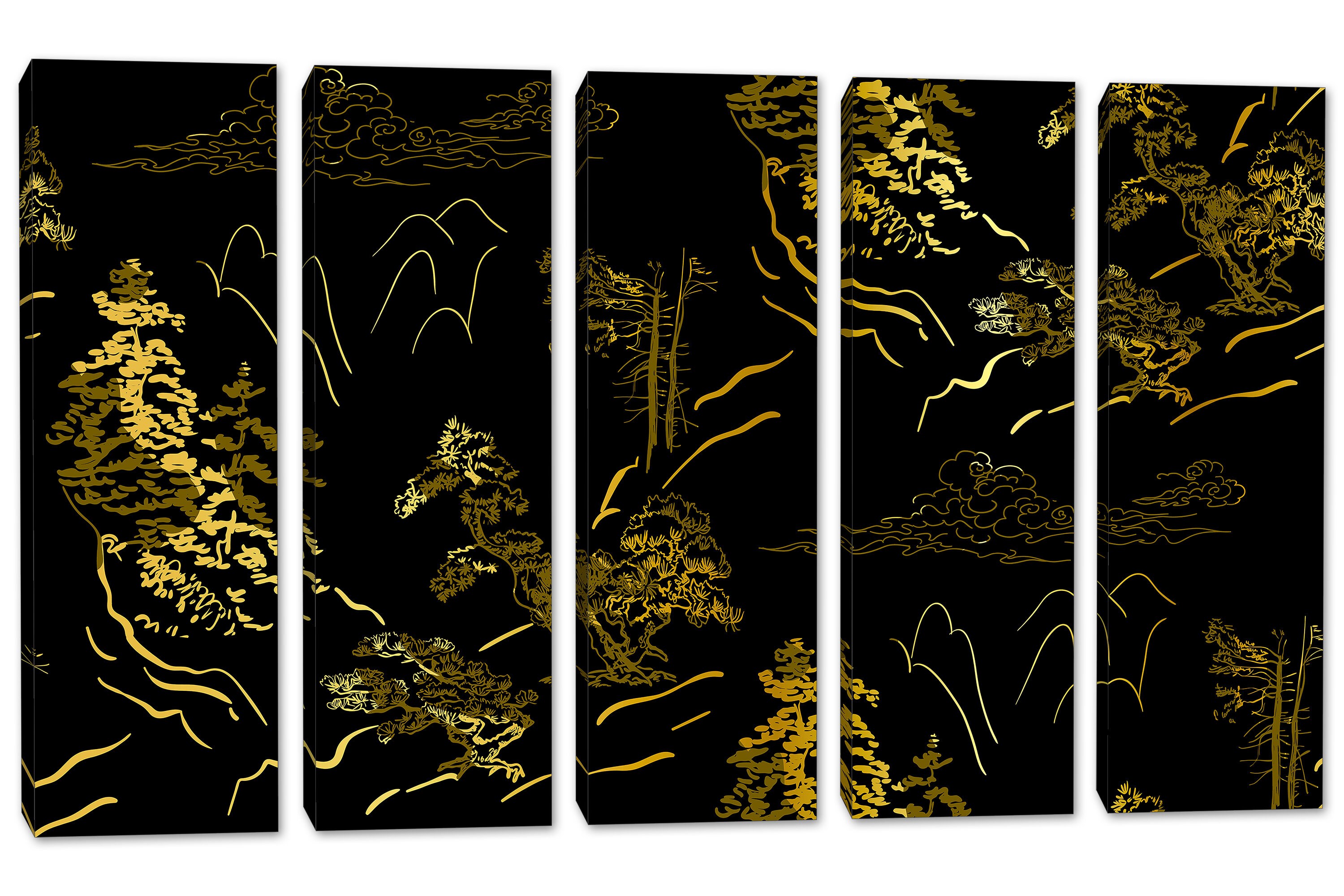 Japanese Botanical Canvas Print Wall Art Gold, Brown on