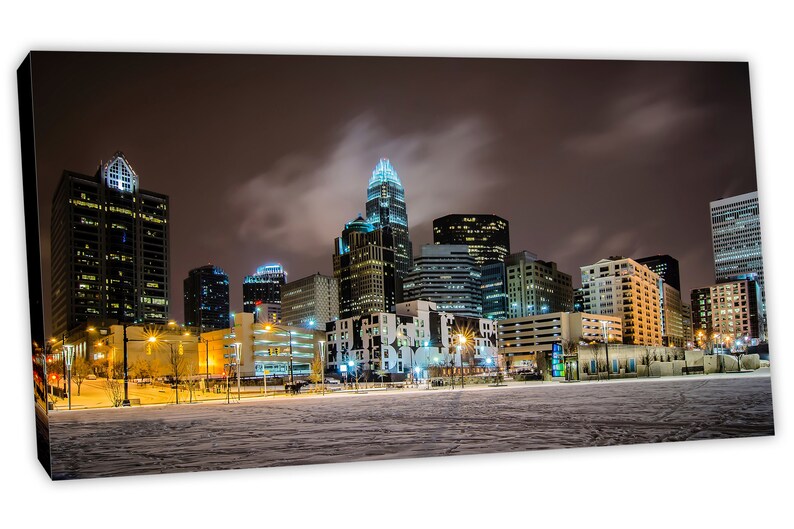 Charlotte NC Skyline Canvas Print Wall Decor City Art Print. Panoramic view during a winter night Giclee Home Office Decor, wall decor 1 Panel