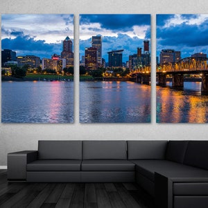 Portland Skyline Canvas Print wall art Willamette River. Portland evening cityscape - Giclee art for home decor, wall decor, interior design
