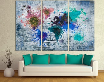 Blue Brick wall World Map Canvas Print - 3 Panel Split (Triptych). Color splash map for living room or office wall decor & interior design.