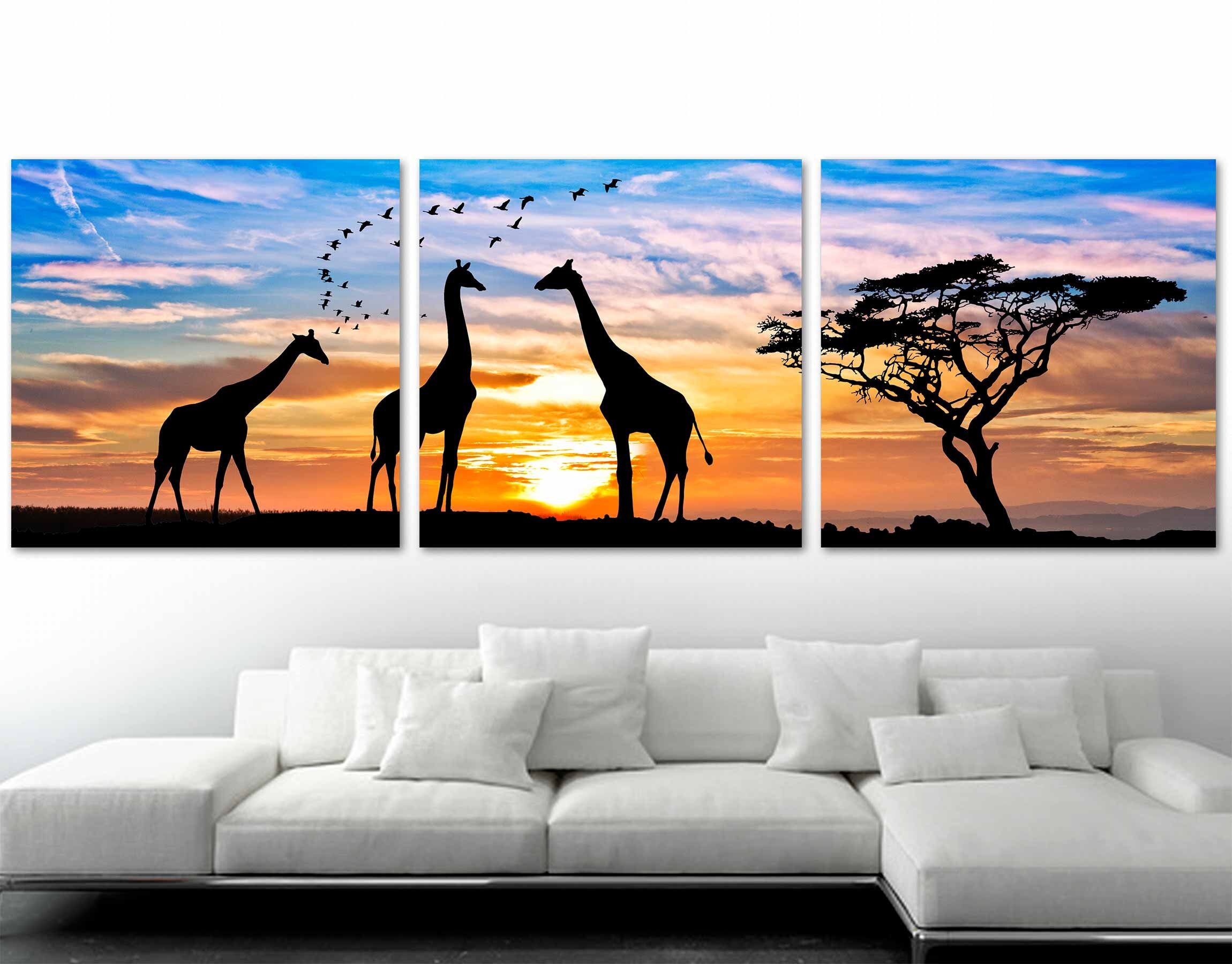 Silhouette Acacia Tree Giraffe At Sunset 1 Panel Canvas Print Wall Art 
