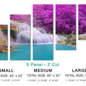 May include: A five-panel canvas print of a waterfall in a lush forest. The waterfall is cascading down a series of rocks, and the water is a vibrant turquoise color. The forest is filled with vibrant purple trees. The print is available in three sizes: small (40 inches by 22 inches), medium (60 inches by 32 inches), and large (80 inches by 42 inches).