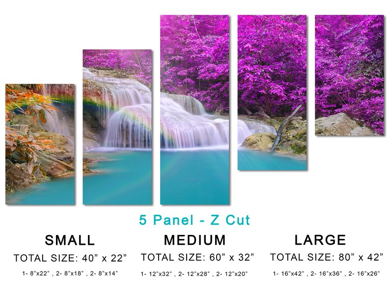 May include: A five-panel canvas print of a waterfall in a lush forest. The waterfall is cascading down a series of rocks, and the water is a vibrant turquoise color. The forest is filled with vibrant purple trees. The print is available in three sizes: small (40 inches by 22 inches), medium (60 inches by 32 inches), and large (80 inches by 42 inches).