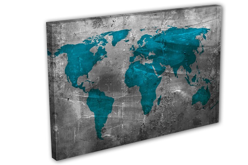 Teal World Map Canvas Wall Art on Gray Abstract Industrial Print for ...
