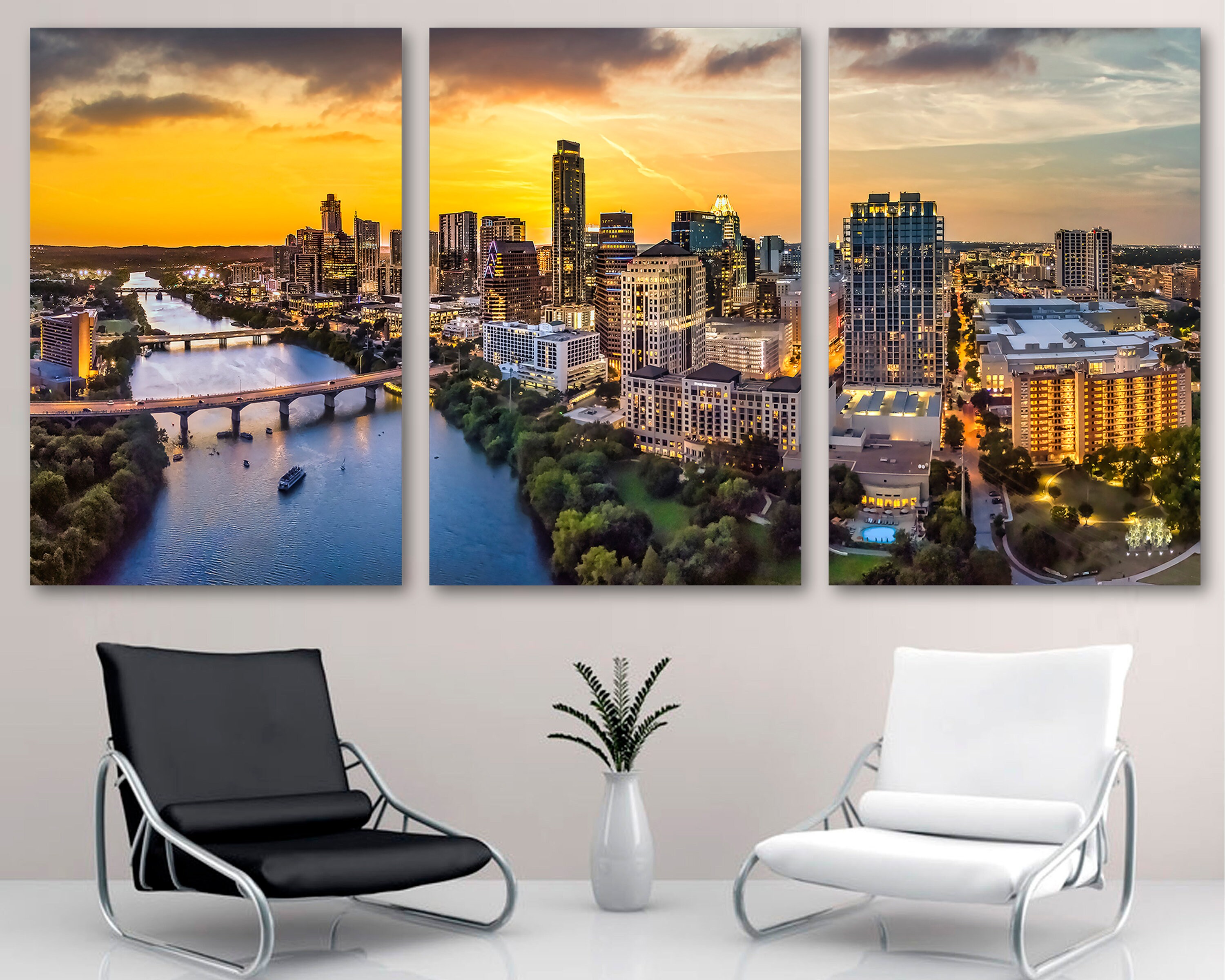 Austin Texas skyline Canvas Print Wall Art during sunset with yellow, orange skies, Austin TX - Giclee office decor, wall decor, home decor