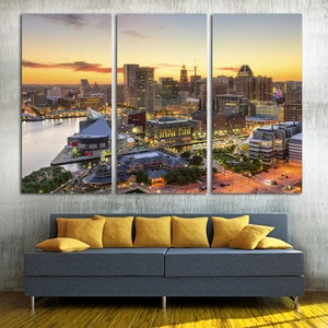 Baltimore Wall Art City Skyline Canvas Print at dusk Maryland Art. Baltimore Skyline Print - GIclee home decor, wall decor, interior design.