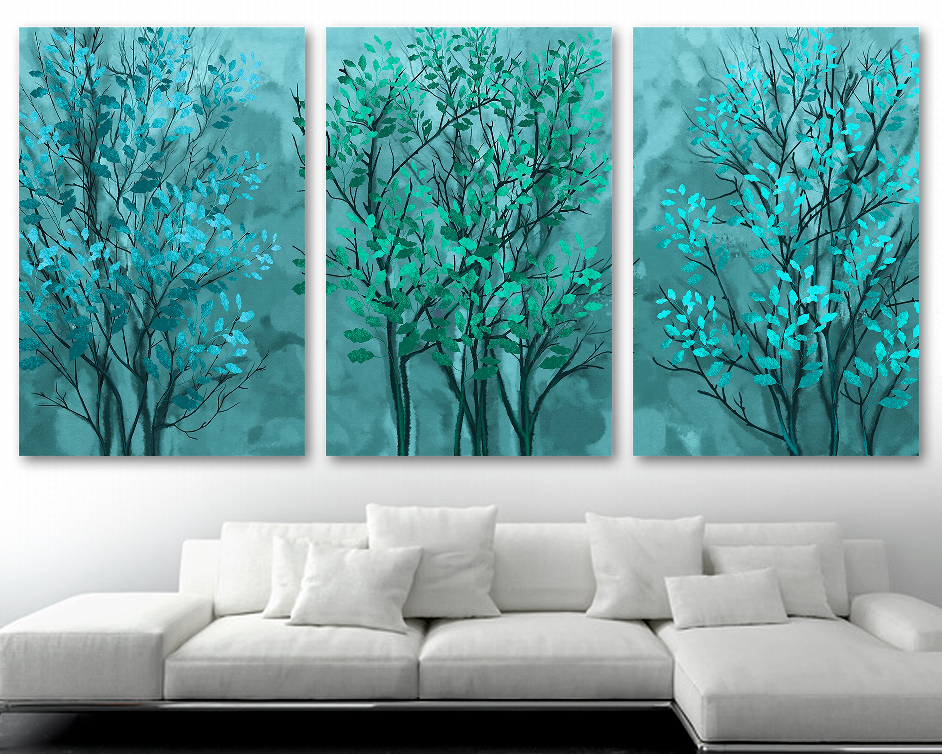 Home & Living Home Decor Botanical Trees Wall Art Metal Print dark aqua blue tree print set