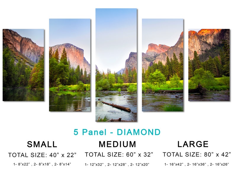 Gates to Valley Canvas Print Large Wall Art Landscape Yosemite National Park Mountains Triptych Giclee Home Office Wall Decor 5 Panel Diamond