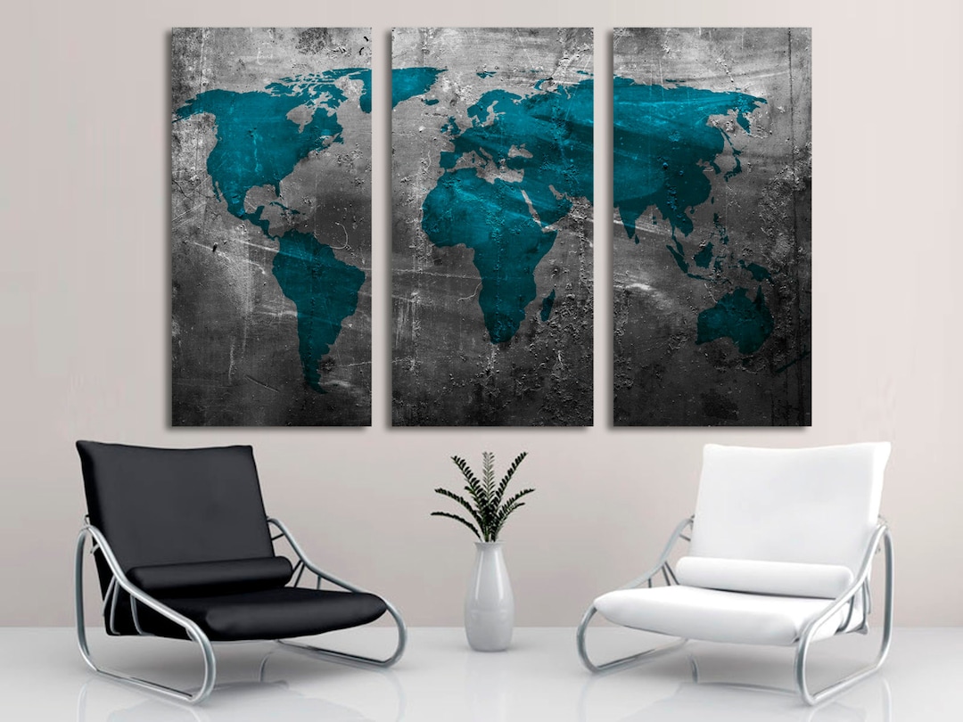 Teal World Map Canvas Wall Art on Gray Abstract Industrial Print for ...