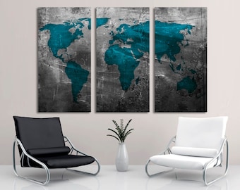 Abstract Teal World Map Canvas Print Wall Art - 3 Panel Split, Triptych for home and office wall decor & interior design, room decoration